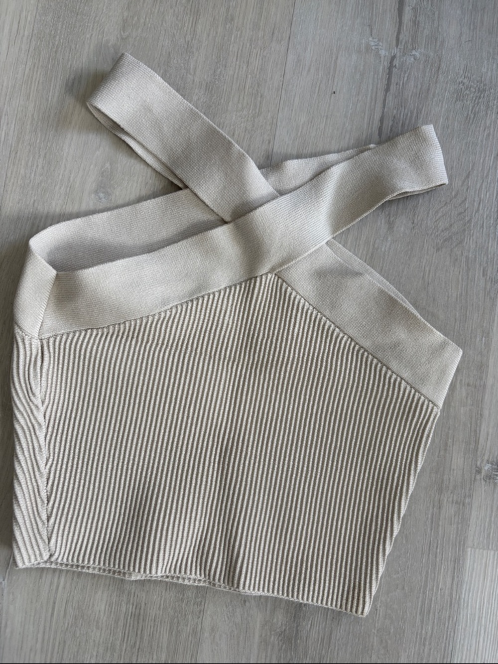 Babaton Cream Ribbed Cross-Strap Crop Top